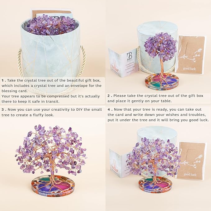 ZenBless 7 Chakra Healing Crystal Stones Tree, Amethyst Leaf Wire Wrapped on Natural Agate Slice Base, Home Office Desk Living Room Feng Shui Decoration for Wealth and Luck ZenBless