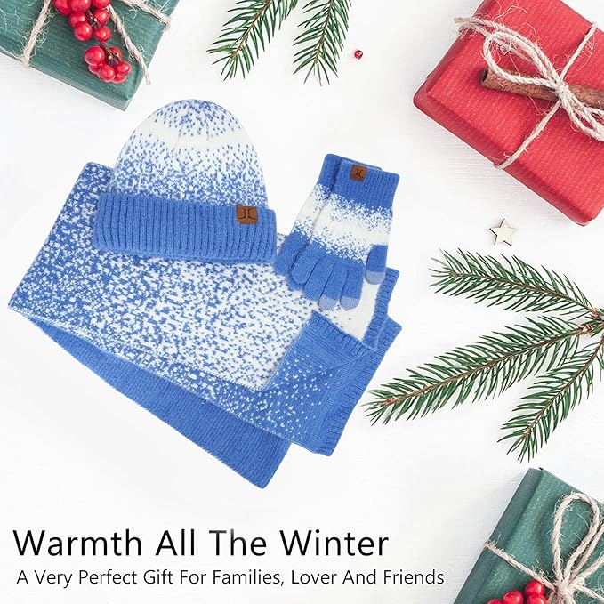 Womens Winter Knit Beanie Hats and Touchscreen Gloves Long Scarf Set with Warm Fleece Lined Skull Caps Scarves for Women FZFANTASTICZONE
