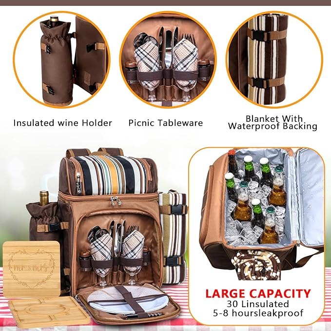 Hap Tim Picnic Basket Backpack for 2 Person with Blanket, 2 Charcuterie Board, Engagement Gifts for Couples, Gifts Ideals for Wedding, Housewarming, White Elephant, Bridal Showers HapTim