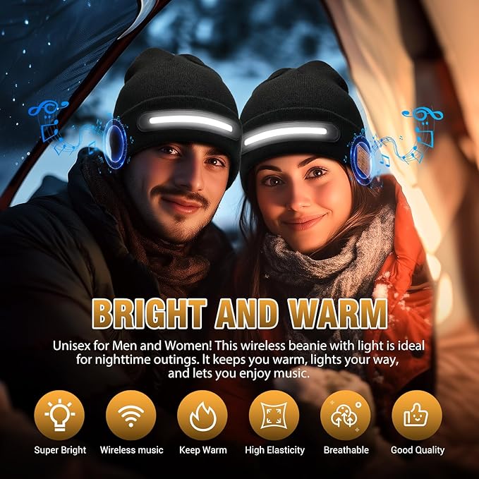 LED Beanie Hat with Bluetooth-Tech Gifts for Men and Women, Wireless Hat Beanie Cap Headlamp Music hat Atapeas
