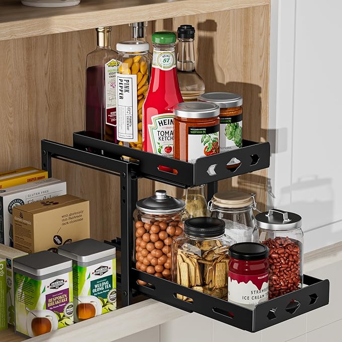 Pull Out Spice Racks for Inside Cabinets, 2-Tier Cabinet Spice Rack Organizer, Height Adjustable Vertical Spice Rack for Kitchen Cabinet (7.5''Wx10.8''Dx9.2''H, Metal Black) BOIVSHI