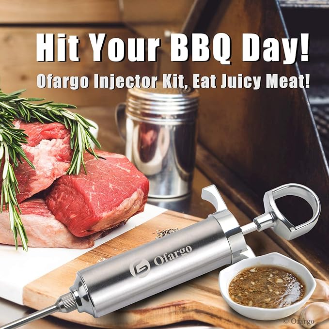 Ofargo Stainless Steel Meat Injector Syringe Kit with 4 Marinade Needles for BBQ Grill Smoker, Gifts for Men Dad Husband in Thanksgiving Christmas Day, 2-oz Large Capacity, Both Paper User Manual and E-Book Recipe GreatgiftsidealforThanksgivingandX-mas