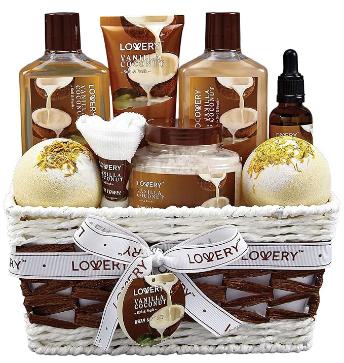 Gifts For Women Gift Basket for Women– 9 Piece Christmas Gifts Set of Vanilla Coconut Home Spa Set, Luxurious Holiday Bath and Body Sets Includes Fragrant Lotions, Extra Large Bath Bombs, Coconut Oil LOVERY