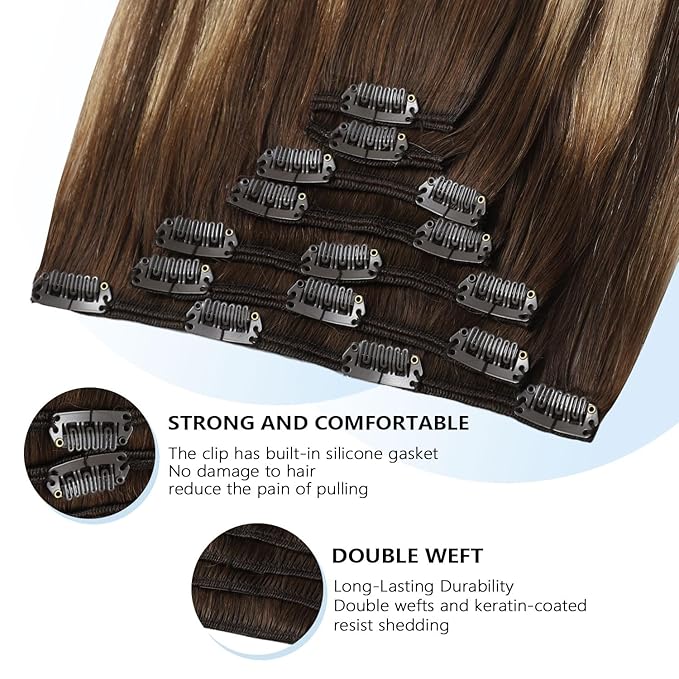 COOKAYU Clip in Hair Extensions Real Human Hair, 4/27/4 Medium Brown to Caramel Blonde Balayage Real Human Hair, Remy Clip in Hair Extensions 18 inch 120g 7pcs COOKAYU