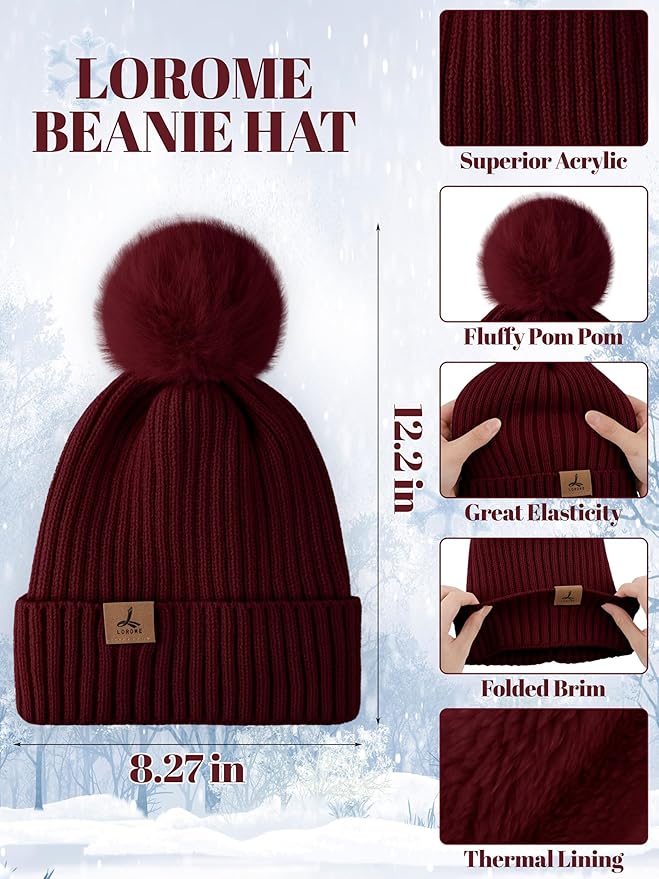 LOROME Women Winter Beanie Hat Scarf Gloves Set, Fleece Knitted Pompom Hat Warm Neck Scarf Touchscreen Gloves Winter Gift LOROME