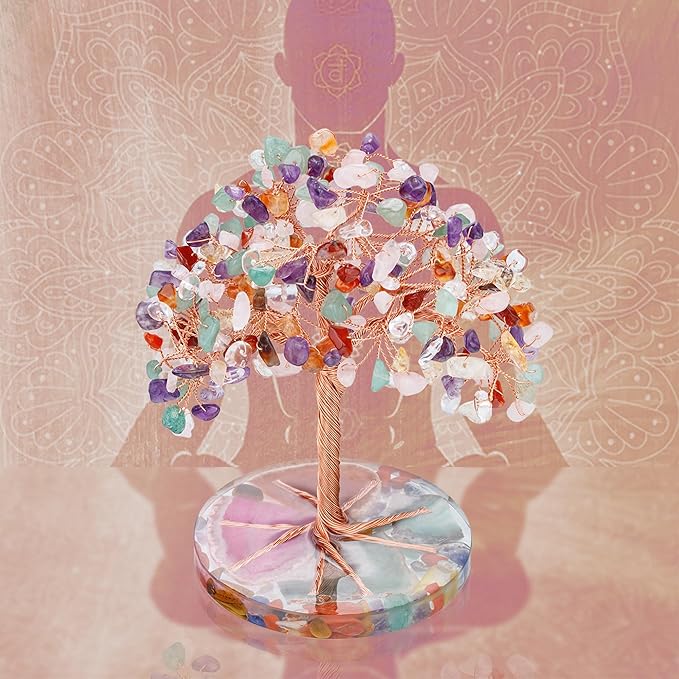 ZenBless 7 Chakra Healing Crystals Stones Tree, Colorful Crystal Stone Leaf Wire Wrapped on Natural Agate Slice Base, Home Office Desk Living Room Feng Shui Decoration for Wealth and Luck ZenBless