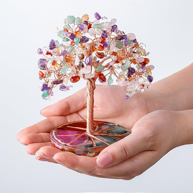 ZenBless 7 Chakra Healing Crystals Stones Tree, Colorful Crystal Stone Leaf Wire Wrapped on Natural Agate Slice Base, Home Office Desk Living Room Feng Shui Decoration for Wealth and Luck ZenBless