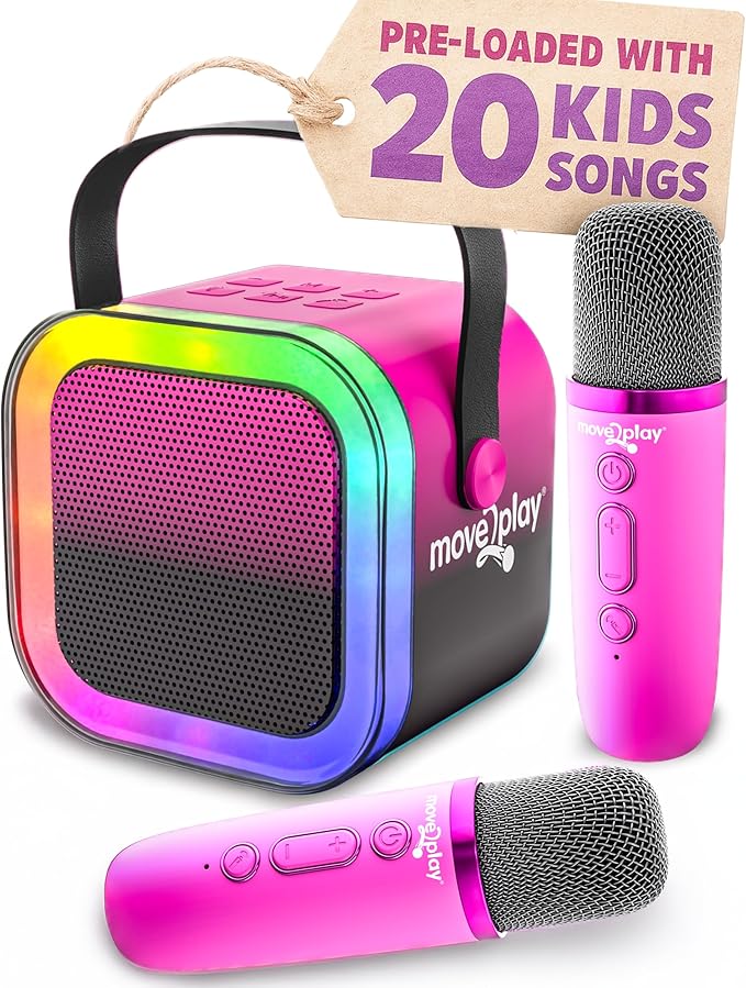 Move2Play, Karaoke Machine for Kids | Includes 20+ Kid Songs | 2 Microphones | Connect with Bluetooth | 3, 4, 5, 6, 7+ Year Old Gift | Toy for Girls, Boys, & Toddler | Birthday Present Move2Play