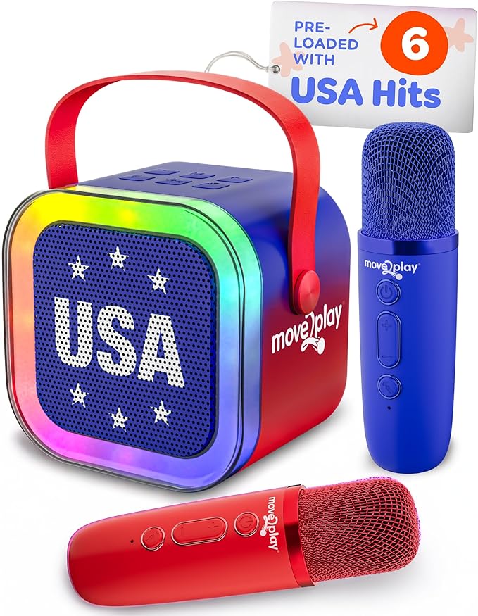 Move2Play, USA Karaoke Machine for Kids | Includes 20+ American Songs | 2 Microphones | Connect with Bluetooth for 3, 4, 5, 6, 7+ Year Olds | Toy for Girls & Boys | Super Bowl Move2Play