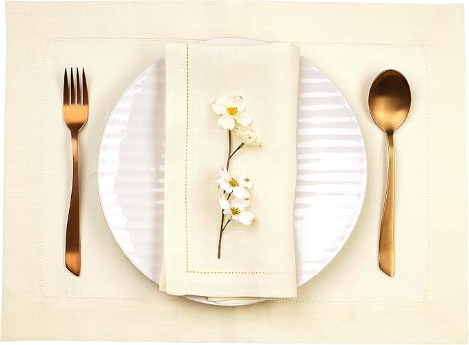 D'Moksha Homes Cream Linen Cloth Placemats Set of 4-100% Pure Linen Hemstitch Placemats 14 x 19 Inch - Classic Hemstitch Table Place Mats for Christmas, Holiday - Handcrafted and Machine Washable DMokshaHomes