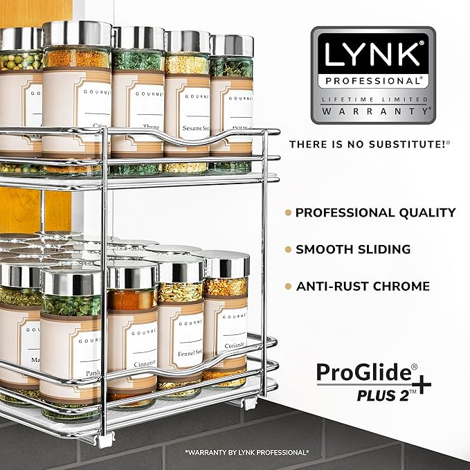 LYNK PROFESSIONAL® Pull Out Spice Rack Organizer for Inside Kitchen Cabinets - 8-3/8 inch Wide - Slide Out Drawer – Chrome Sliding Spice Cabinet Organization Shelf Racks - 2 Tier LYNKPROFESSIONAL
