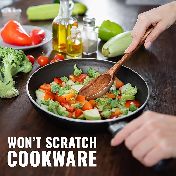 Zulay Kitchen 9.4" Teak Wooden Cooking Spoon – Durable, Non-Stick Wooden Utensil for Cooking, Stirring, Mixing & Serving – Heat-Resistant, Smooth Finish Kitchen Spoon for Nonstick Cookware ZulayKitchen