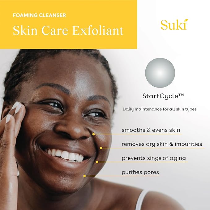 Suki Skincare Exfoliate Foaming Cleanser - With Natural Sugar & Colloidal Oat - Facial Exfoliator & Mechanical Exfoliant that Reduces Dry Skin Buildup While Promoting Radiant, Smooth, Soft Skin - 4 oz Suki