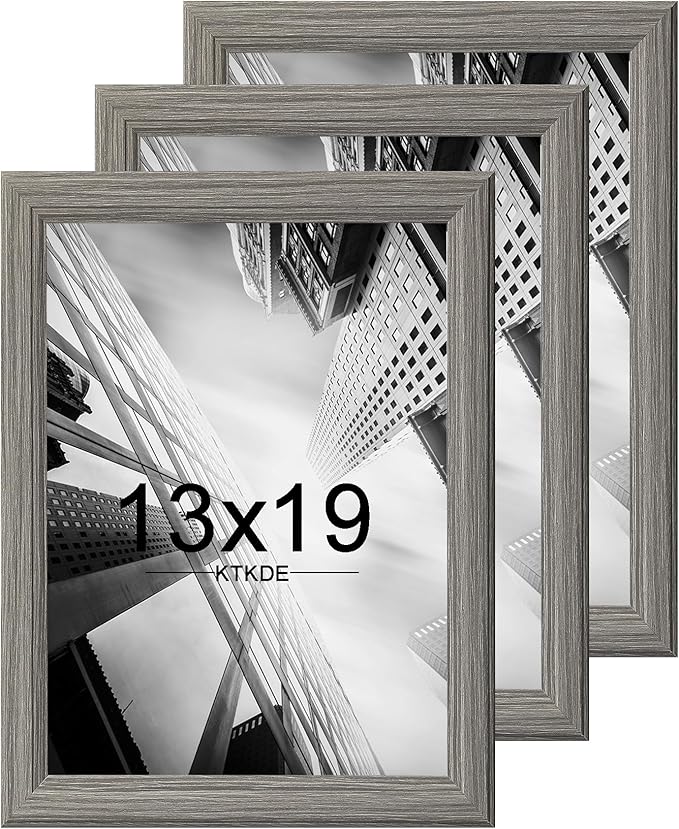 KTKDE 13x19 Picture Frame Set of 3,Grey Wooded Shatter Resistant Glass, Vertical & Horizontal Wall Hanging for Wall Display,Studio Gallery Photo Frame for Photos, Posters & Art Prints KTKDE