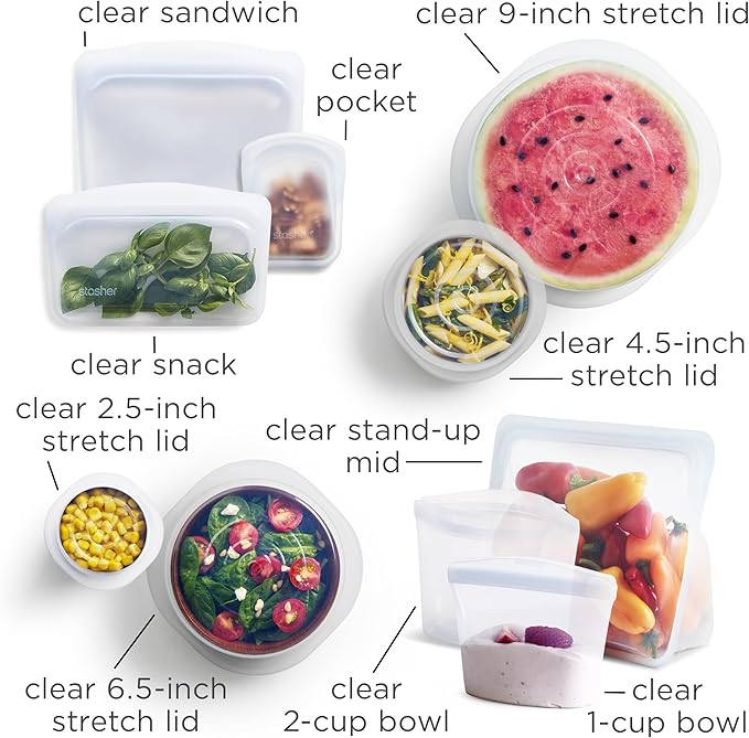 Stasher Premium Silicone Reusable Food Storage Bags and Stretch Lids 10-Pack, Clear, Airtight Seal, Food Containers & Covers, Boxed Starter Kit, BPA Free, Leak-free, Dishwasher Safe, Eco-Friendly Stasher