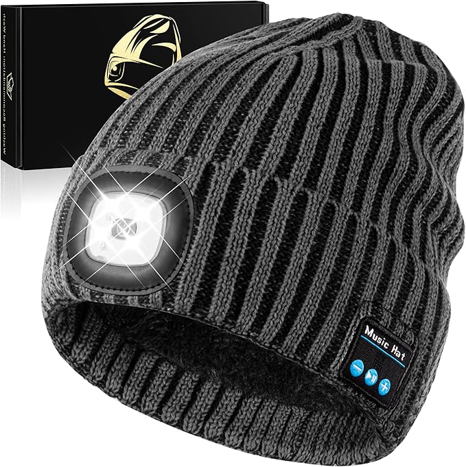 Bluetooth Beanie Hat with Light for Men, LED Beanie with Light Rechargeable, Headlamp Cap Wireless Headphones Built-in Speaker Mic Christmas Gifts for Teens Stocking Stuffers for Men Dad (Gray) AHASTI
