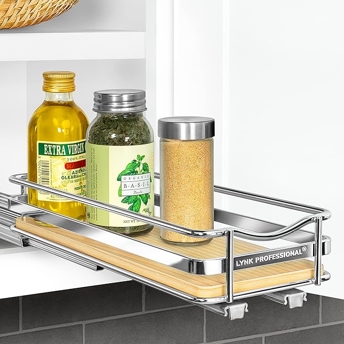 LYNK PROFESSIONAL® Élite™ Pull Out Spice Rack Organizer for Inside Kitchen Cabinets - 4-3/8 inch Wide - Slide Out Drawer – Wood/Chrome Sliding Spice Cabinet Organization Shelf Racks - 1 Tier LYNKPROFESSIONAL