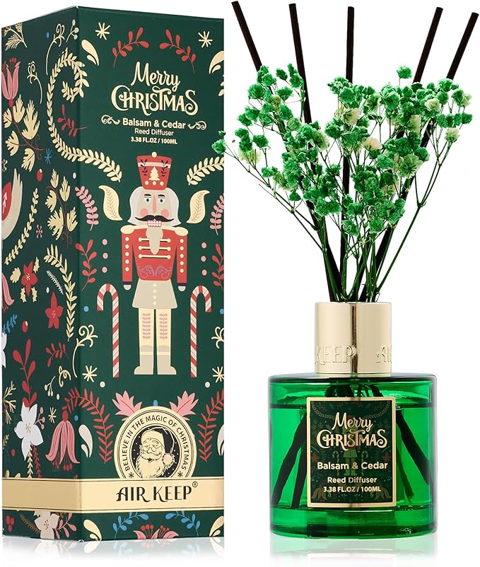 Airkeep Christmas Reed Diffuser Set,3.38 fl oz (100 ml) Reed Diffuser - Balsam&Cedar Oil Diffusers with 8 Reed Sticks, Home Fragrance Reed Diffuser for Bathroom Shelf Decor Airkeep
