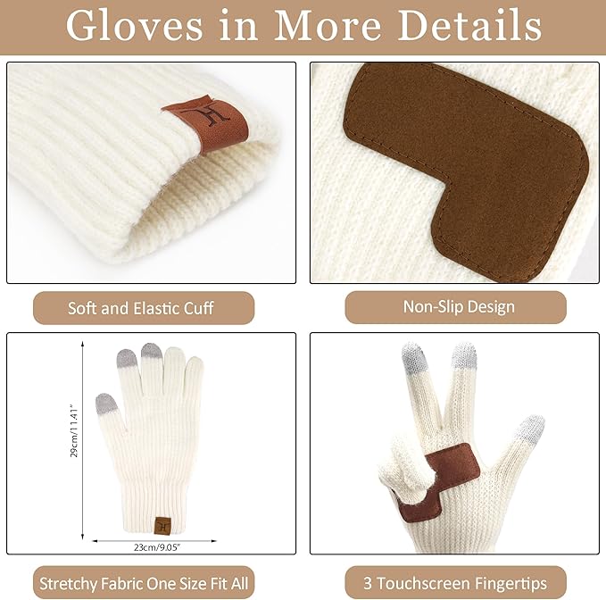 Womens Winter Warm Beanie Hat Long Neck Scarf Touchscreen Gloves Set Knit Skull Caps Pompom Fleece Gifts FZFANTASTICZONE