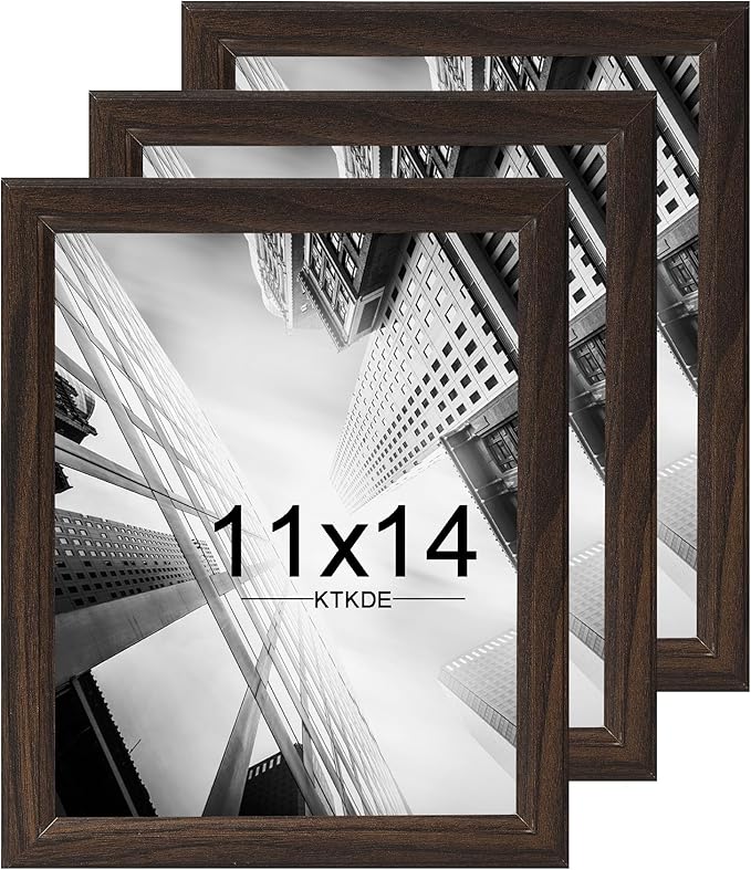 KTKDE 11x14 Picture Frame Set of 3,Walnut Wooded Shatter Resistant Glass, Vertical & Horizontal Wall Hanging for Wall Display,Studio Gallery Photo Frame for Photos, Posters & Art Prints KTKDE
