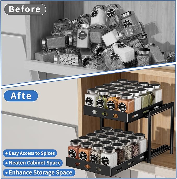 Pull Out Spice Racks for Inside Cabinets, 2-Tier Cabinet Spice Rack, Height Adjustable Spice Rack Organizer for Cabinet, Kitchen Vertical Spice Rack (9.7''Wx10.8''Dx9.2''H, Metal Black) BOIVSHI