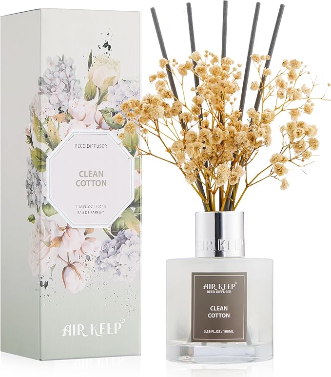 Airkeep Reed Diffuser Set,3.38 fl oz (100 ml) - Clean Cotton Oil Diffusers with 8 Reed Sticks, Home Fragrance Reed Diffuser for Bathroom Shelf Decor Airkeep