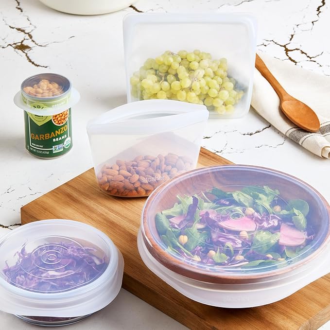 Stasher Premium Silicone Reusable Food Storage Bags and Stretch Lids 10-Pack, Clear, Airtight Seal, Food Containers & Covers, Boxed Starter Kit, BPA Free, Leak-free, Dishwasher Safe, Eco-Friendly Stasher