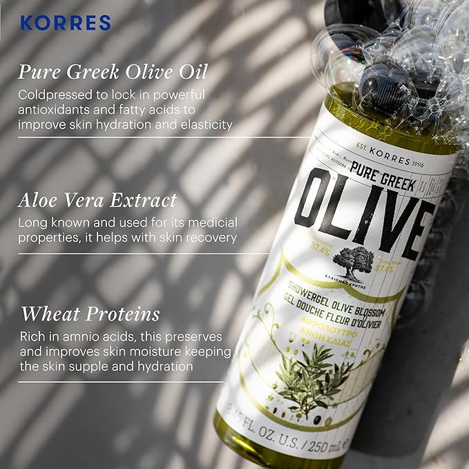 KORRES Shower Gel for Dry Skin, Moisturizing Body Wash Cleanser Made with Pure Greek Olive Oil, Hydrating and Nourishing Bath Soap for Smooth, Supple Skin, Olive Blossom Scented, 8.45 fl oz Korres