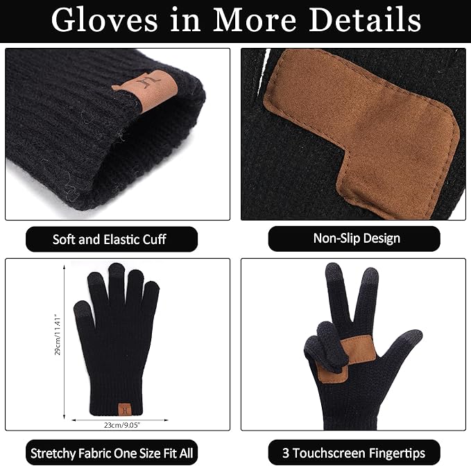 Womens Winter Warm Beanie Hat Long Neck Scarf Touchscreen Gloves Set Knit Skull Caps Pompom Fleece Gifts FZFANTASTICZONE