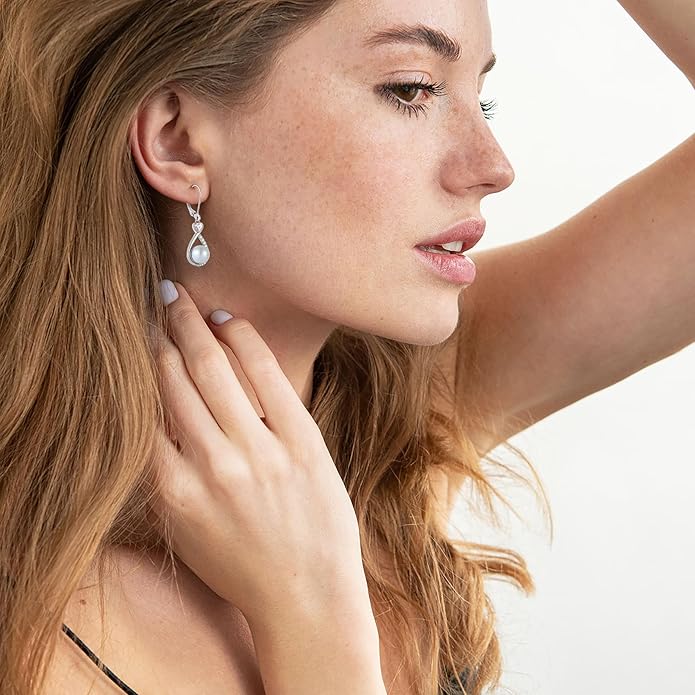 Heart Birthstone Pearl Earrings, 925 Sterling Silver Infinity Dangle Drop Leverback Earrings, 9mm Freshwater Cultured Pearl & 4mm Gemstone Jewelry Valentine's Day Gift for Women VESHONJEWELRY