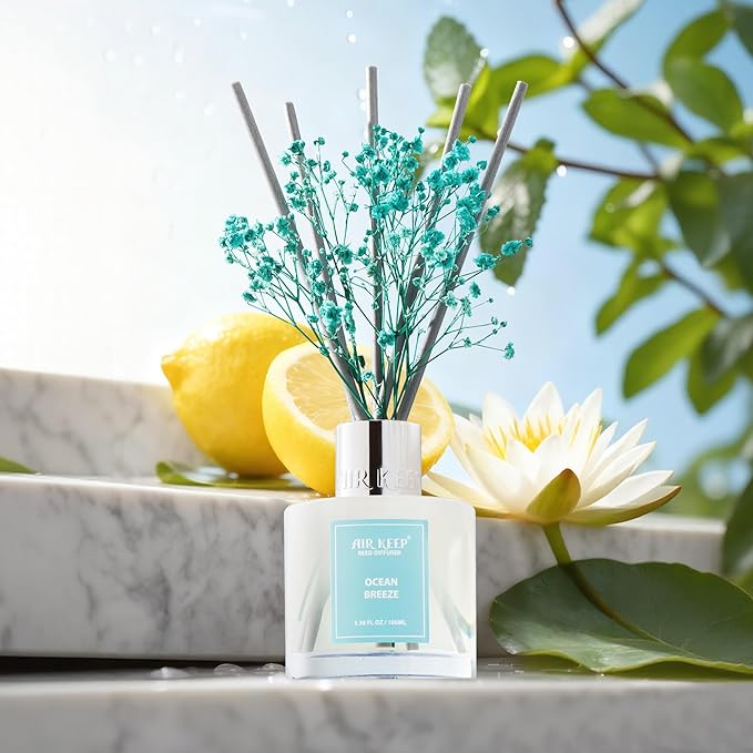 Airkeep Reed Diffuser Set,3.38 fl oz (100 ml) - Ocean Breeze Oil Diffusers with 8 Reed Sticks, Home Fragrance Reed Diffuser for Bathroom Shelf Decor Airkeep