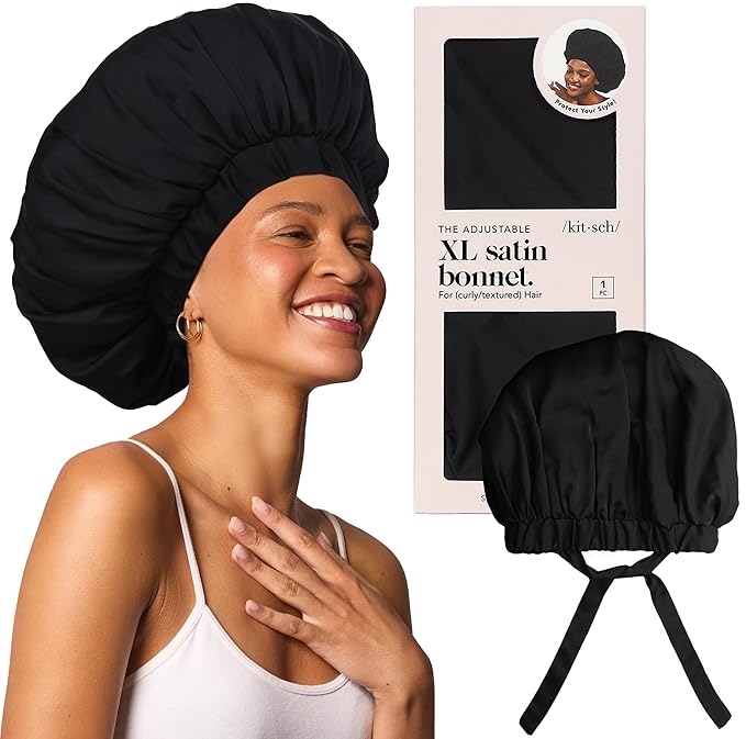 Kitsch XL Satin Bonnet for Sleeping - Softer Than Silk Hair Bonnet For Women - Secure Fit, Adjustable Night Cap For Curly & Textured Hair - Prevents Breakage, Tangles & Thinning - Black Kitsch