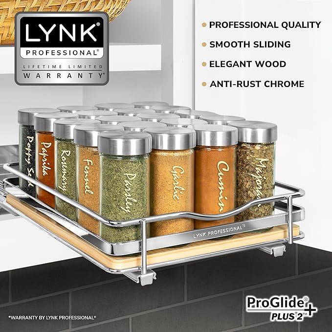LYNK PROFESSIONAL® Élite™ Pull Out Spice Rack Organizer for Inside Kitchen Cabinets - 8-3/8 inch Wide - Slide Out Drawer – Wood/Chrome Sliding Spice Cabinet Organization Shelf Racks - 1 Tier LYNKPROFESSIONAL