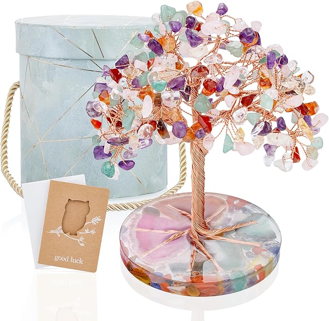 ZenBless 7 Chakra Healing Crystals Stones Tree, Colorful Crystal Stone Leaf Wire Wrapped on Natural Agate Slice Base, Home Office Desk Living Room Feng Shui Decoration for Wealth and Luck ZenBless