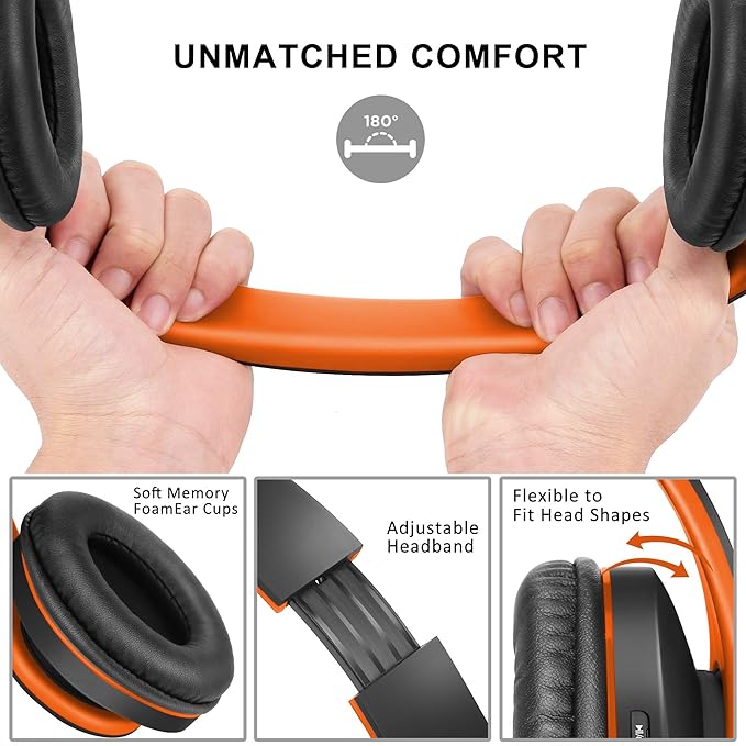 ZIHNIC Bluetooth Headphones Over-Ear, Foldable Wireless and Wired Stereo Headset Micro SD/TF, FM for Cell Phone,PC,Soft Earmuffs &Light Weight for Prolonged Wearing(Black/Orange) ENJOYMUSICLIFEWITHZIHNICHEADPHONES