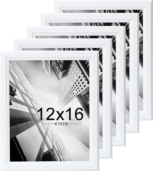 KTKDE 12x16 Picture Frame Set of 5,White Wooded Shatter Resistant Glass, Vertical & Horizontal Wall Hanging for Wall Display,Studio Gallery Photo Frame for Photos, Posters & Art Prints KTKDE