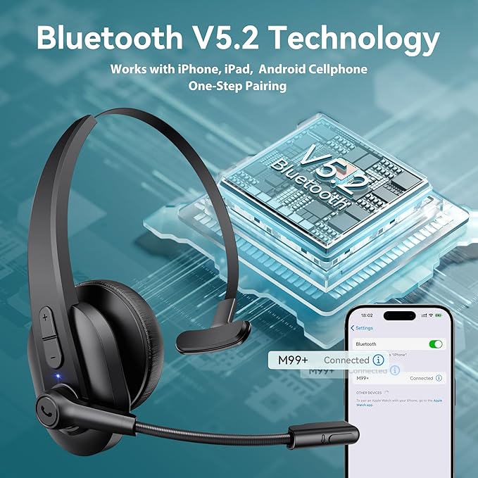 Bluetooth Headset with USB Dongle for Computer, Single-Ear Wireless Headset with Noise Cancelling Microphone for Office & Truckers, Bluetooth V5.2 with Mute Button for Work Sarevile