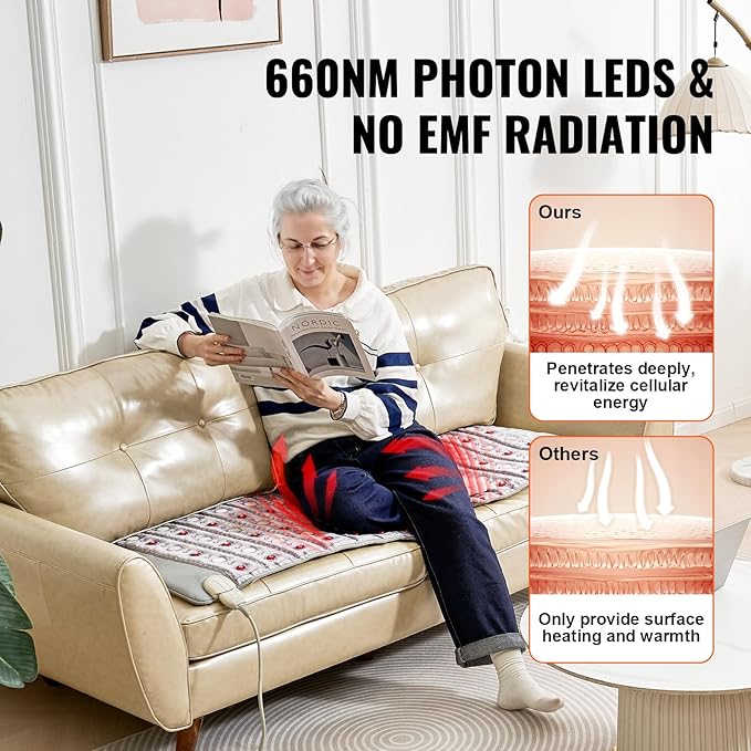 VEVOR Far Infrared Heating Pad, Amethyst Heating Pad with Jade & Tourmaline Stones, 660nm Photon Light & Negative Ions, 103-159℉ Hot Gemstone Mat with 0-12 Hours Timer for Waist Shoulder (60" x 24") VEVOR