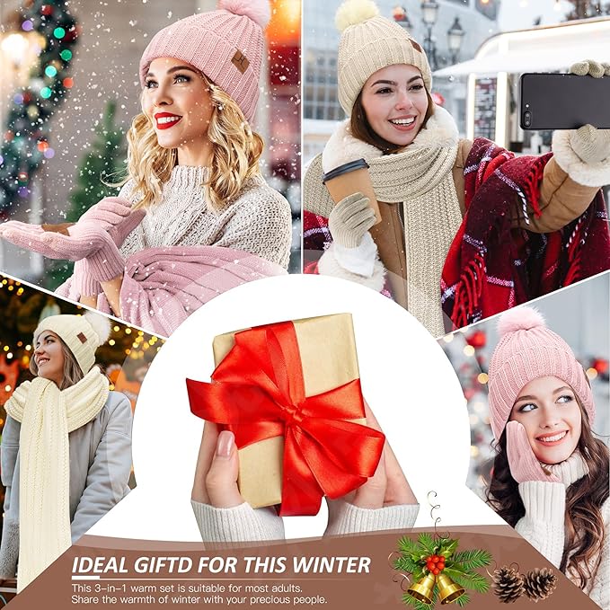 Womens Winter Warm Beanie Hat Long Neck Scarf Touchscreen Gloves Set Knit Skull Caps Pompom Fleece Gifts FZFANTASTICZONE