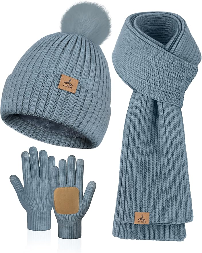LOROME Women Winter Beanie Hat Scarf Gloves Set, Fleece Knitted Pompom Hat Warm Neck Scarf Touchscreen Gloves Winter Gift LOROME
