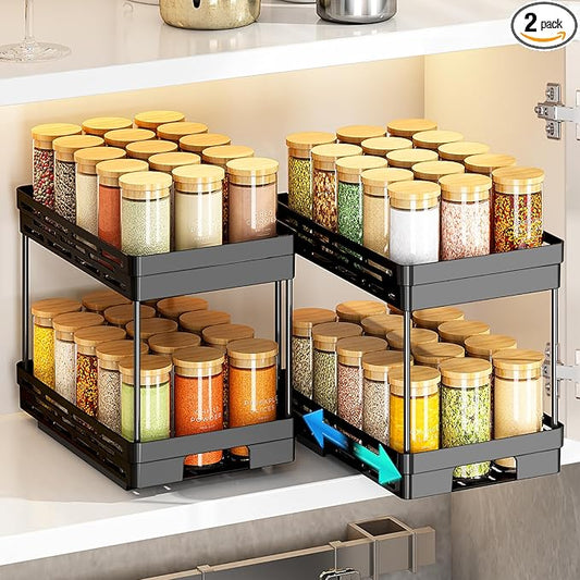Pull Out Spice Rack Organizer for Cabinet, 2 Pack Widen Slide Out Spice Racks Organizer, Spice Cabinet Organizers, Cabinet Size Need:12'' Highx11'' Deepx6.75'' Wide,Hold 15 Spice Jar Each Tier-2Tier DABIGE