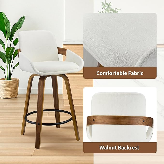 Beige Fabric Swivel Bar Stools with Back, Walnut Bentwood Mid-Century Design, Modern Set of 2 Bar Chairs with Curved Back and 360° Swivel, Ideal for Home Bars, Kitchens, Dining Spaces VipDesk