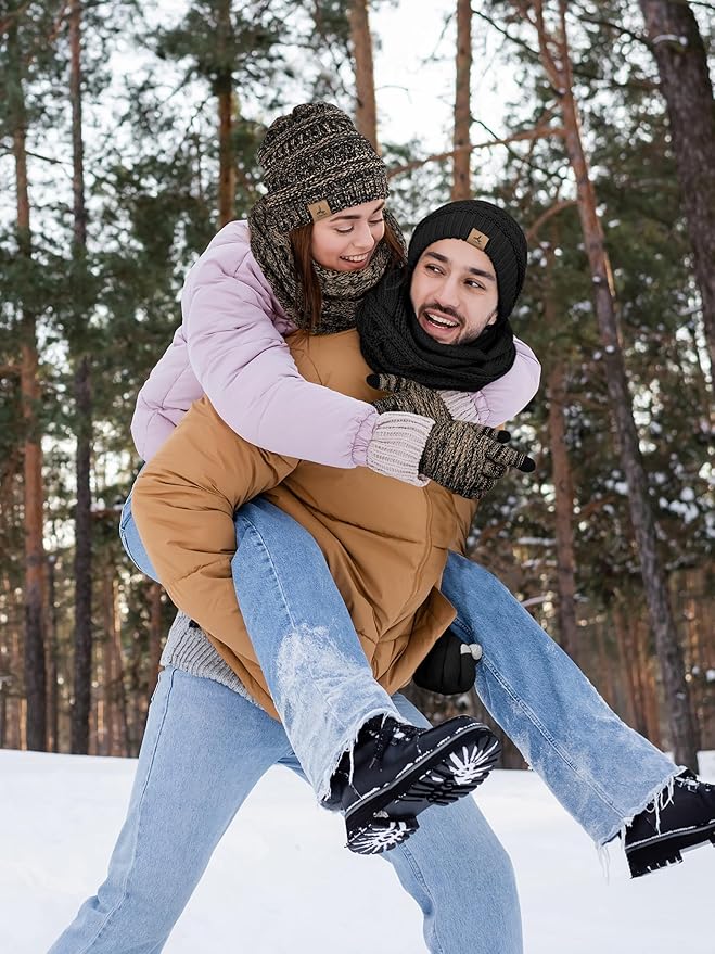 Winter Beanie Hat Scarf Gloves, Warm Fleece Knit Hats Touch Screen Gloves Neck Scarf Set Winter Gifts for Unisex Adult LOROME