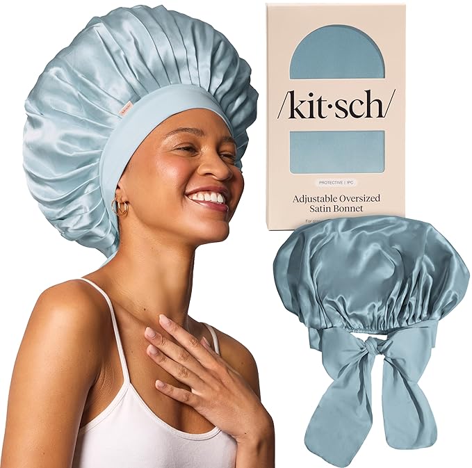 Kitsch XL Satin Bonnet for Sleeping - Softer Than Silk Hair Bonnet for Women - Secure Fit, Adjustable Night Cap for Curly & Textured Hair - Prevents Breakage, Tangles & Thinning- Haze Blue Kitsch