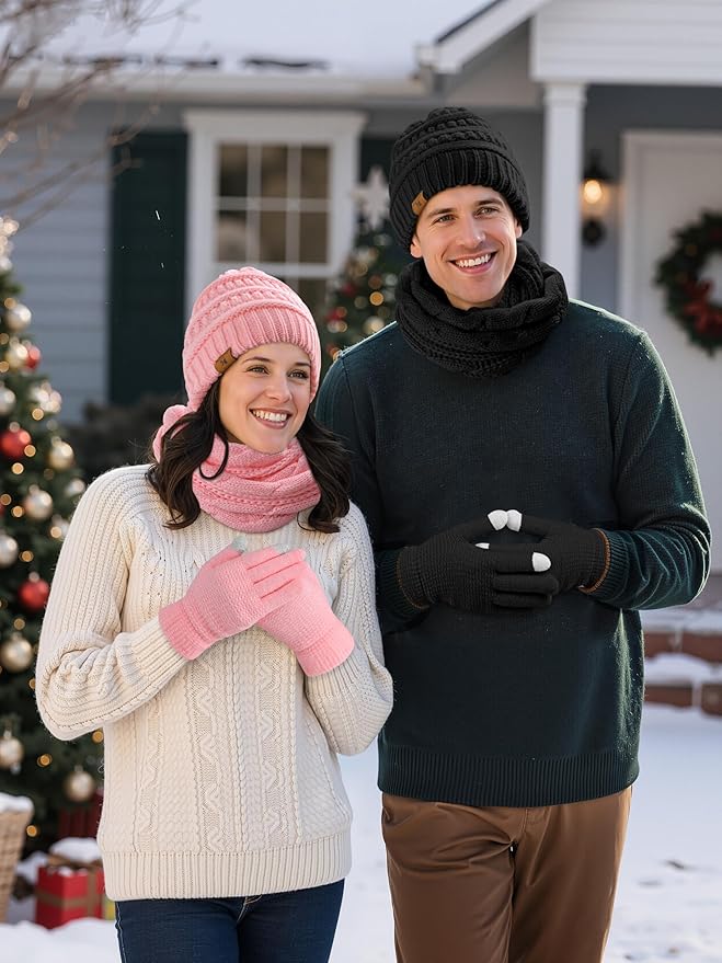 Winter Beanie Hat Scarf Gloves Set Warm Knit Fleece Touchscreen Gloves Neck Scarf Set Adult Winter Gift for Men Women KUTTOR