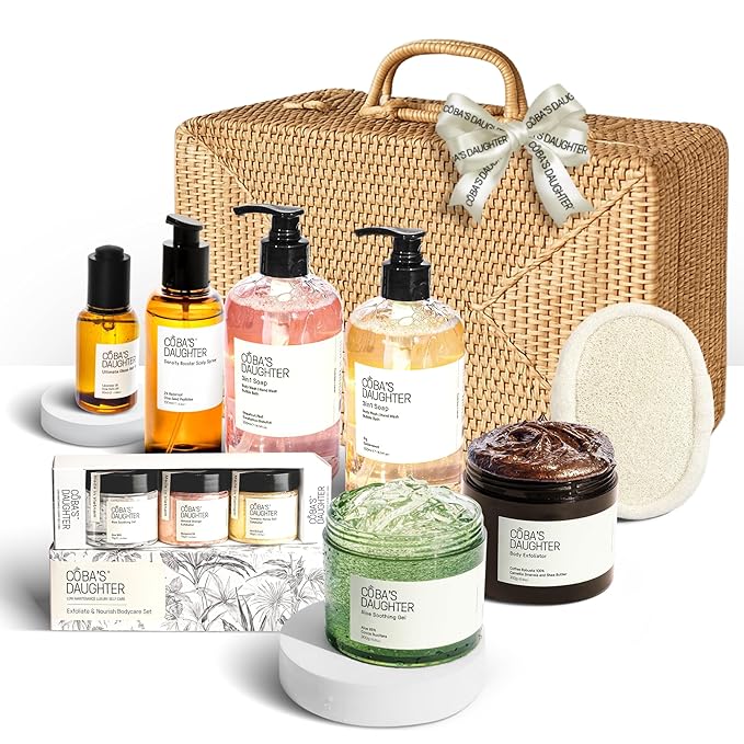 COBA'S DAUGHTER Rattan Gift Basket - 11-Piece Spa Inspired Bath, Body & Hair Kit for Women, Includes Coffee Scrub, Aloe Soothing Gel, Hair Serum, and Travel Minis (11 Pieces) COBASDAUGHTER