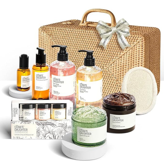 COBA'S DAUGHTER Rattan Gift Basket - 11-Piece Spa Inspired Bath, Body & Hair Kit for Women, Includes Coffee Scrub, Aloe Soothing Gel, Hair Serum, and Travel Minis (11 Pieces) COBASDAUGHTER
