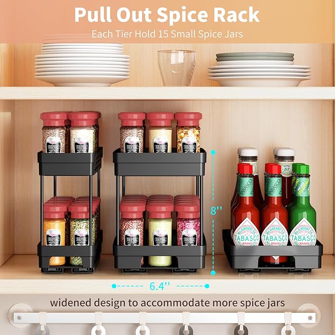 Pull Out Spice Rack Organizer for Cabinet, 2 Pack Widen Slide Out Spice Racks Organizer, Spice Cabinet Organizers, Cabinet Size Need:12'' Highx11'' Deepx6.75'' Wide,Hold 15 Spice Jar Each Tier-2Tier DABIGE