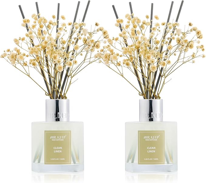 Airkeep Reed Diffuser 3.38 oz (100ml) 2pk, Clean Linen Scented Reed Diffuser Set,Reed Diffuser & Oil Diffuser Sticks, Aromatherapy, Airkeep Reed Diffuser Set Box 2-Clean Linen Airkeep