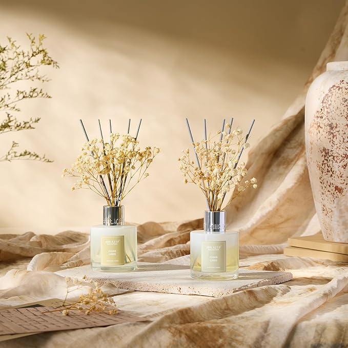 Airkeep Reed Diffuser 3.38 oz (100ml) 2pk, Clean Linen Scented Reed Diffuser Set,Reed Diffuser & Oil Diffuser Sticks, Aromatherapy, Airkeep Reed Diffuser Set Box 2-Clean Linen Airkeep